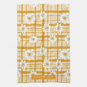 White Daisy Floral Pattern on Yellow Gingham Geschirrtuch