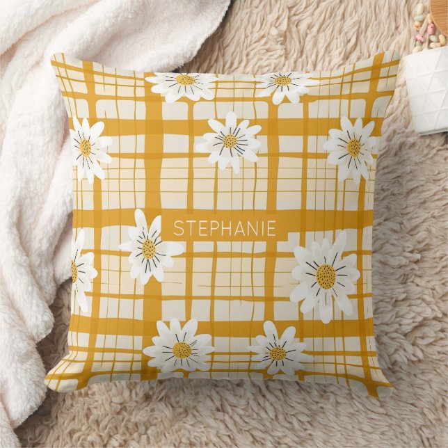White Daisy Floral Pattern on Yellow Gingham Kissen (Decke)