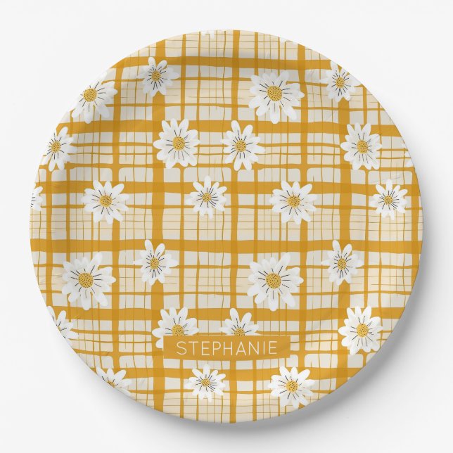 White Daisy Floral Pattern on Yellow Gingham Pappteller (Vorderseite)