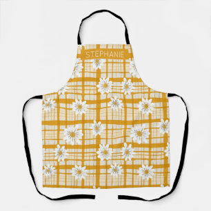 White Daisy Floral Pattern on Yellow Gingham Schürze