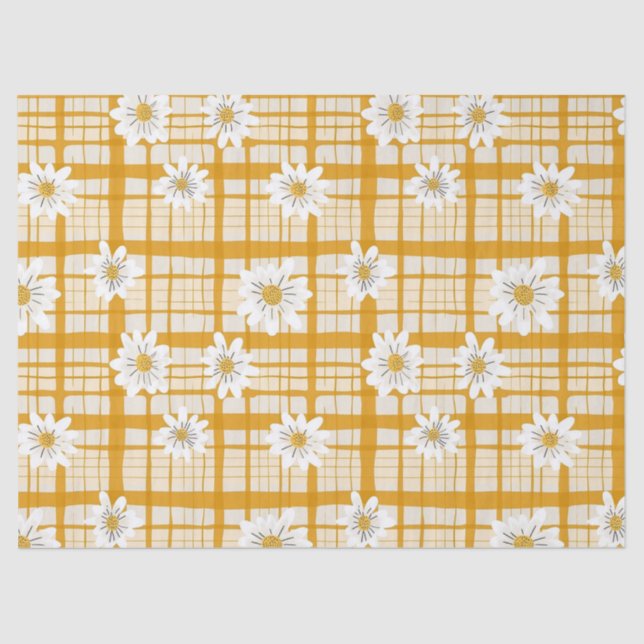 White Daisy Floral Pattern on Yellow Gingham Seidenpapier (Vorderseite)