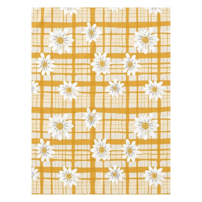 White Daisy Floral Pattern on Yellow Gingham Tischdecke (Vorderseite)