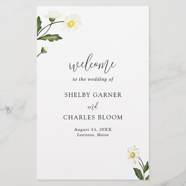 White Daisy Floral Rustic Budget Hochzeitsprogramm (Vorne)