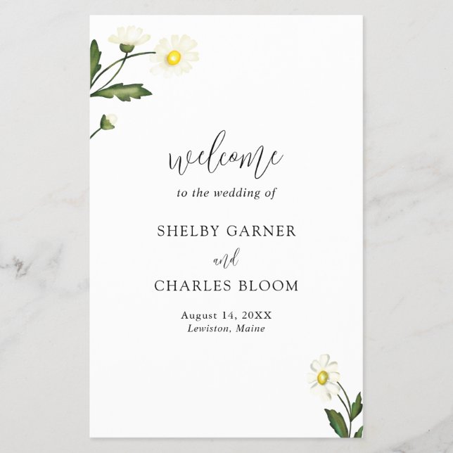 White Daisy Floral Rustic Budget Hochzeitsprogramm (Vorne)