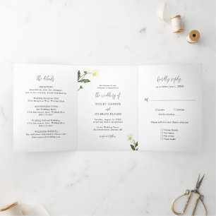 White Daisy Floral Rustic Wedding Dreifach Gefaltete Einladung