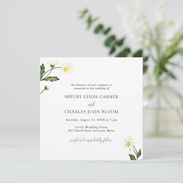 White Daisy Floral Rustic Wedding Einladung (Stehend Vorderseite)