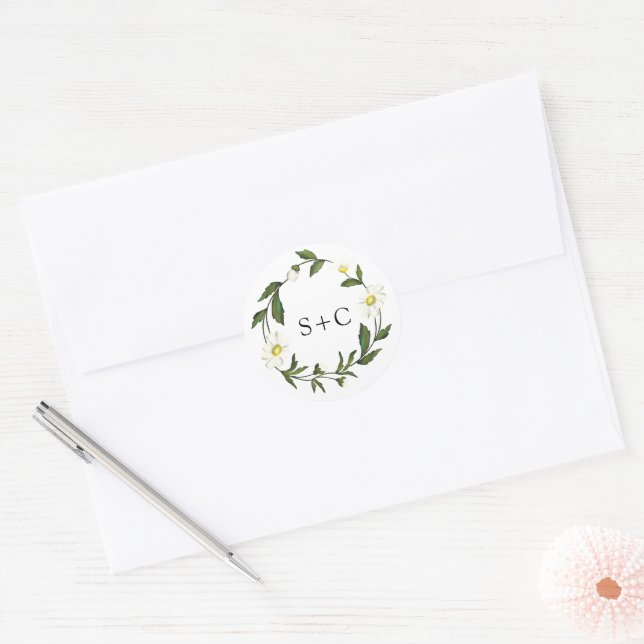 White Daisy Floral Rustic Wedding Runder Aufkleber (Umschlag)