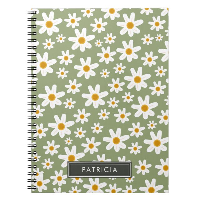 White Daisy Florals Muster Grün Personalisiert Notizblock (Vorderseite)