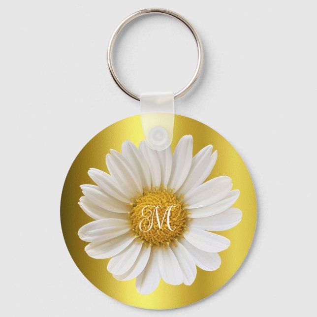 White Daisy Imitate Gold Floral Monogram Schlüsselanhänger (Vorderseite)