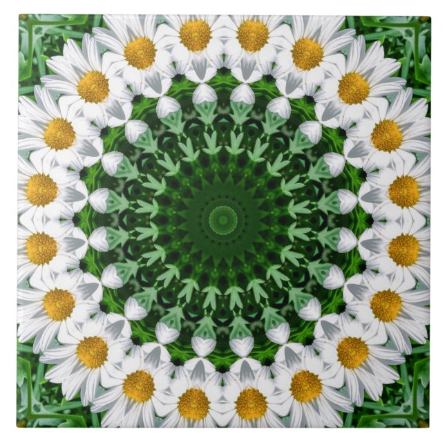 White Daisy Mandala mit Fresh Green Symmetrie Fliese (Vorderseite)