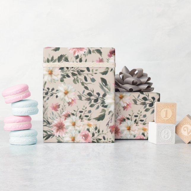 White Daisy mit Mauve Garden Print Wrapping Paper Geschenkpapier (Babyparty)
