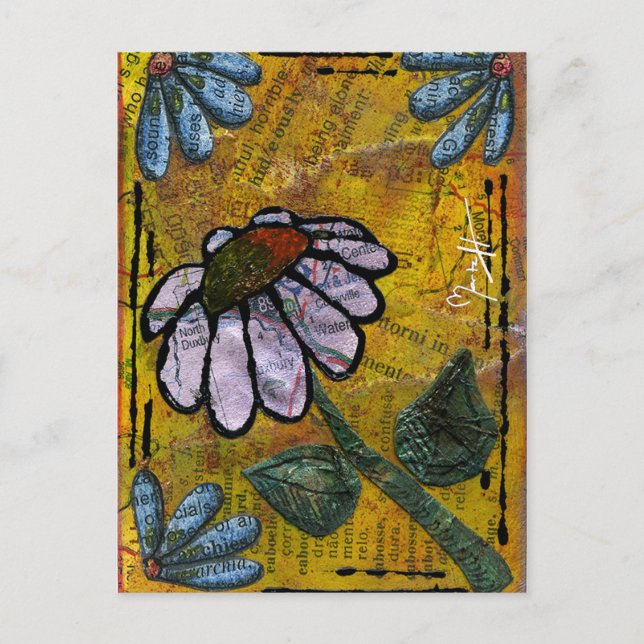 White Daisy on Yellow Background - Collage Postkarte (Vorderseite)