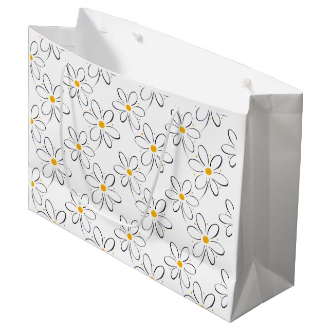 White Daisy Pattern Große Geschenktüte (Vorderseite Schrägansicht)