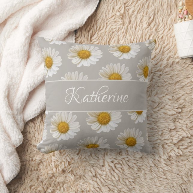 White Daisy Pattern Individuelle Name Grau Kissen (Decke)