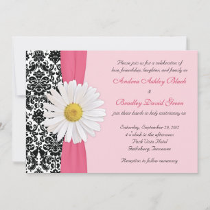 White Daisy Pink Black Damask Einladung