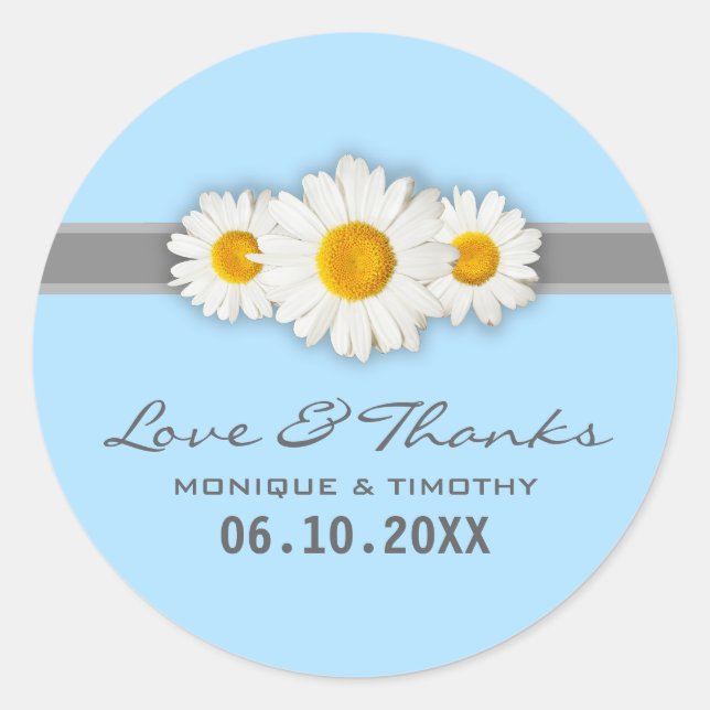 White Daisy Ribbon Blue Wedding Danke Stickers (Vorderseite)