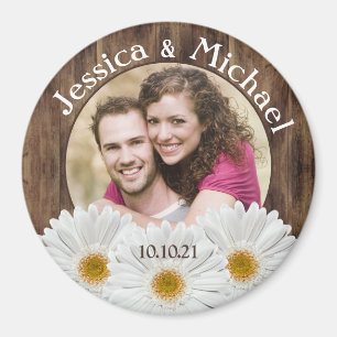 White Daisy Rustic Wood Foto Wedding Rett Date Magnet