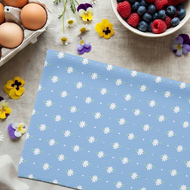 White Daisy Simple Floral Spring Pattern Blau Geschirrtuch (Von Creator hochgeladen)