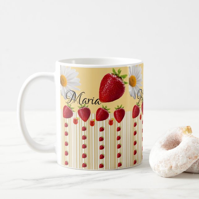White Daisy Strawberry Stripe Tasse (Mit Donut)