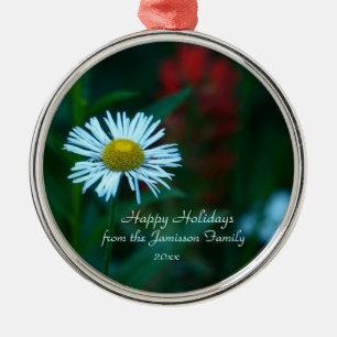 White Daisy Wildblume, Green, Name, Weihnachten Ornament Aus Metall