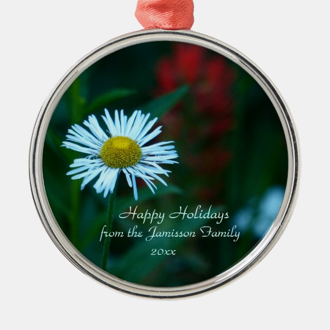 White Daisy Wildblume, Green, Name, Weihnachten Ornament Aus Metall (Vorne)