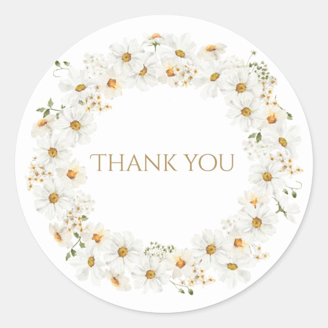 White Daisy Wreath Watercolor Hübsch Vielen Dank Runder Aufkleber (Vorderseite)
