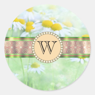 White Daisy's in Green Meadow Monogram Runder Aufkleber