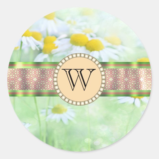 White Daisy's in Green Meadow Monogram Runder Aufkleber (Vorderseite)