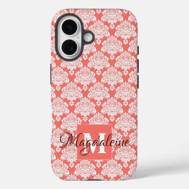 White Damask auf Coral Monogram & Name Hübsch Case-Mate iPhone Hülle (Rückseite)