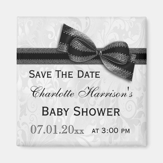 White Damask & Black Bow Babydusche Save the Date Magnet (Vorne)