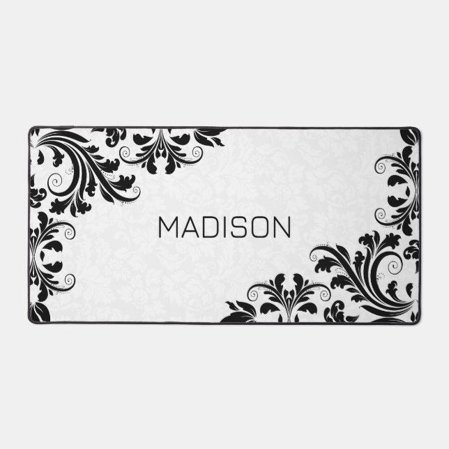 White Damask Black Wirbel Schreibtischunterlage (Vorderseite)