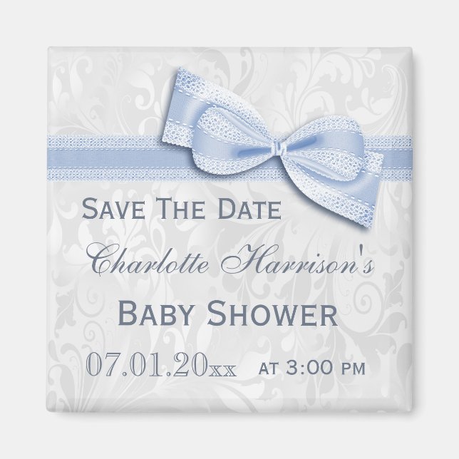 White Damask & Blue Bow Baby Dusche Save the Date Magnet (Vorne)