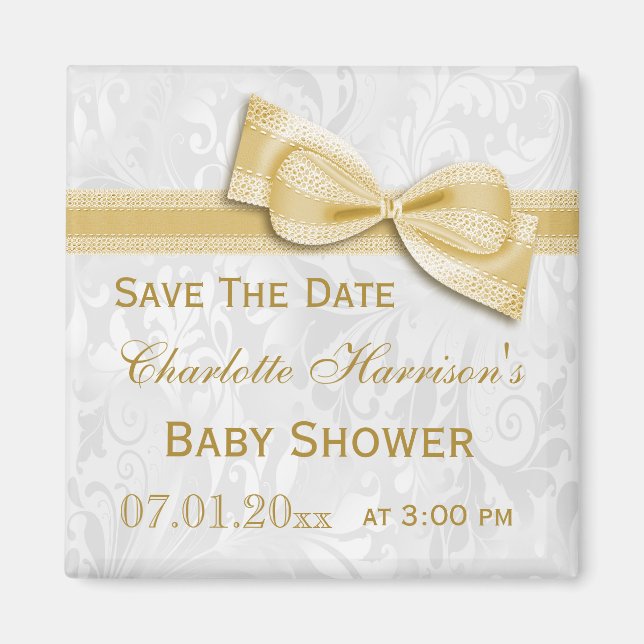 White Damask & Gold Bow Babydusche Save the Date Magnet (Vorne)