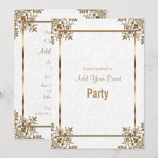 White Damask & Gold Jedem Anlass Party Einladung (Vorne/Hinten)
