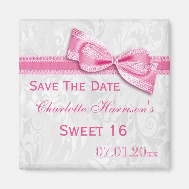 White Damask & Imitate Bow Sweet 16 Save the Date Magnet (Vorne)