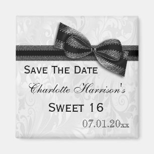 White Damask & Imitate Bow Sweet 16 Save the Date Magnet