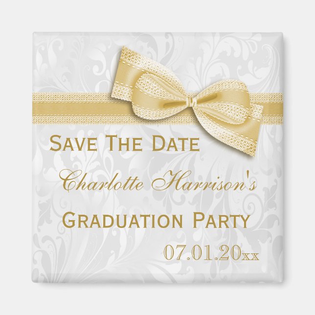 White Damask & Imitats Bow Abschluss Save the Date Magnet (Vorne)