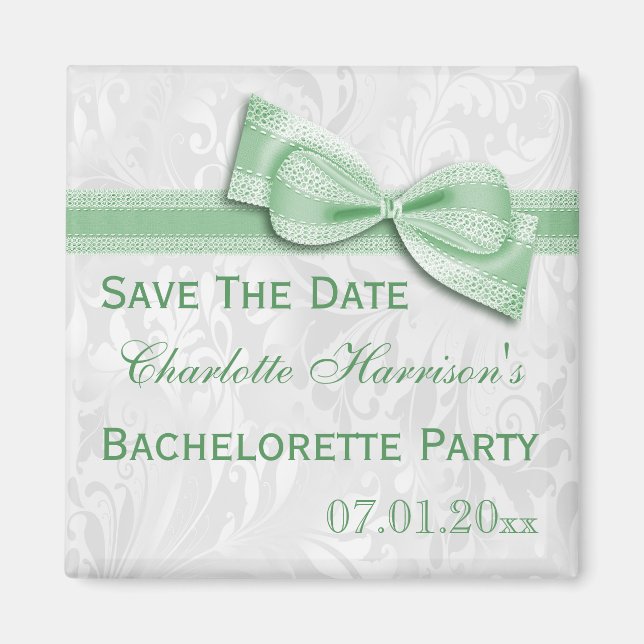 White Damask & Imitats Bow Bachelorette Save the D Magnet (Vorne)