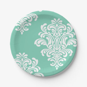 White Damask on Aqua Pattern Pappteller