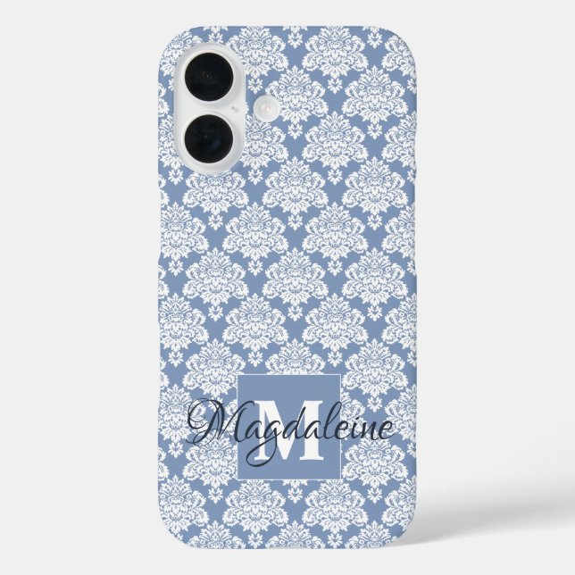 White Damask on Blue Gray Monogram & Name Hübsch Case-Mate iPhone Hülle (Rückseite)