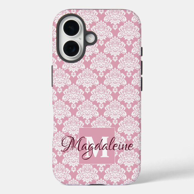 White Damask on Dusty Rose Monogram & Name Hübsch Case-Mate iPhone Hülle (Rückseite)