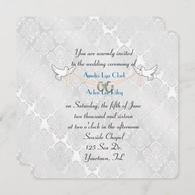 White Damask Shimmer Wedding Einladung (Vorne/Hinten)