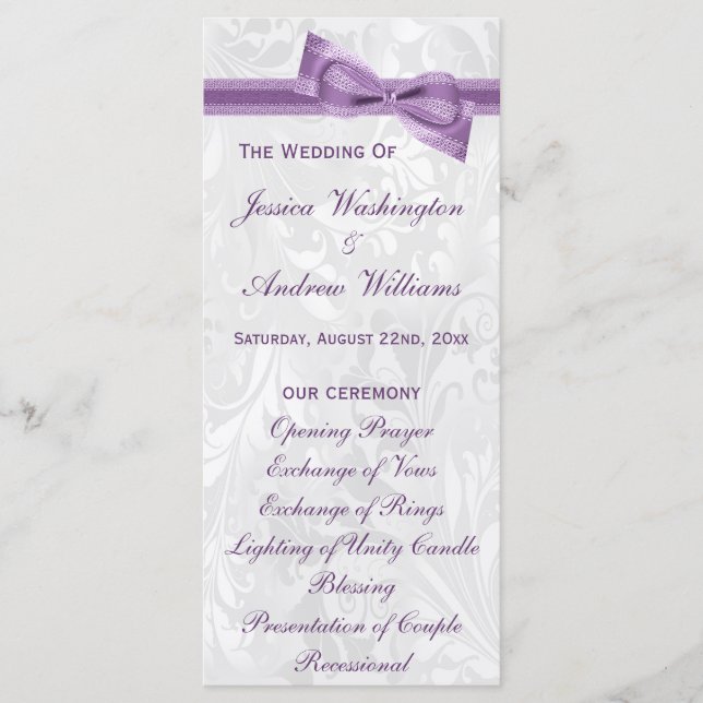 White Damask und Bow-Hochzeitsprogramm für Lila Im Programm (Vorderseite)