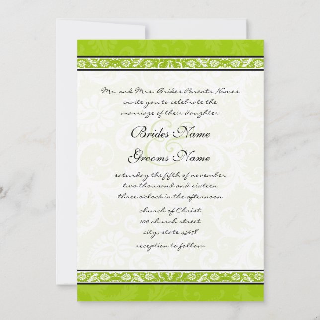 White Damask Wirbel Apple Green Wedding Einladung (Rückseite)