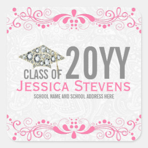 White Damaskus Pink Lace & Diamonds Grad 2015 Hat Quadratischer Aufkleber