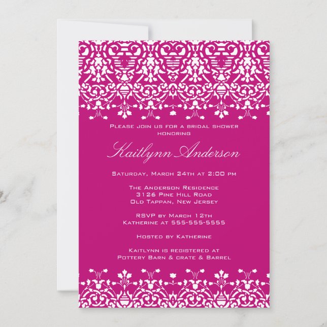 White & Deep Pink Damask Bridal Dusche Einladung (Vorderseite)