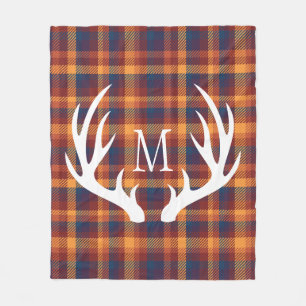 White Deer Antlers Autumnal Kariert Mit Monogramm Fleecedecke