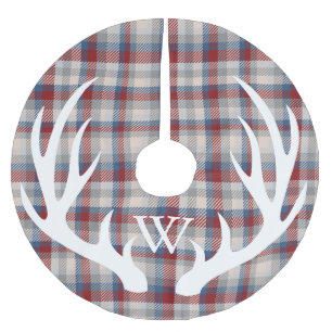White Deer Antlers Winter Berry Kariert Monogram Polyester Weihnachtsbaumdecke