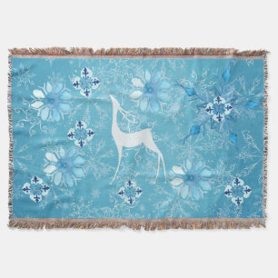 White Deer Icy Blue Snowflake Throw Blanket Decke