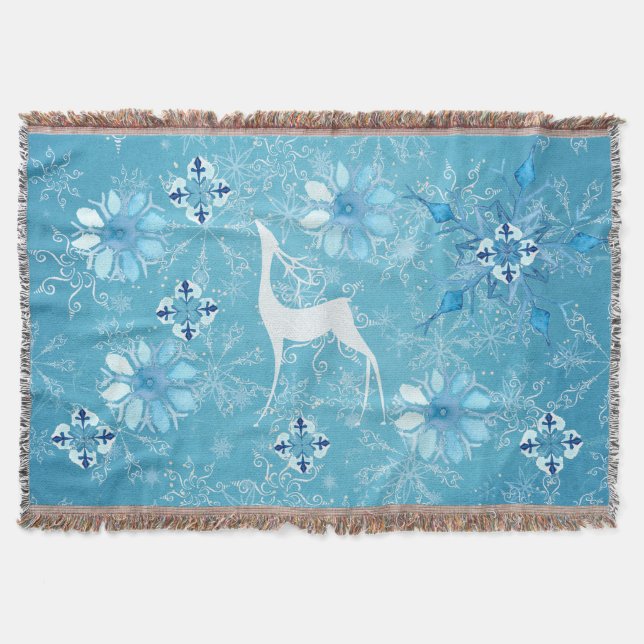 White Deer Icy Blue Snowflake Throw Blanket Decke (Vorderseite)